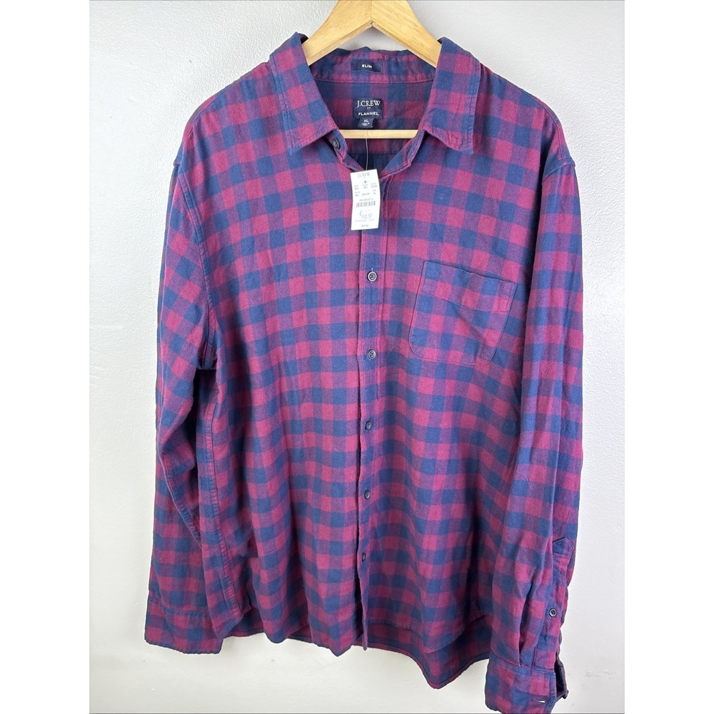 J Crew Mens Flannel Shirt Slim Fit Red Blue Plaid Button Up Colorful Size XL
